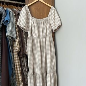 J. Crew Beige and White Gingham Puff Sleeve Midi Dress